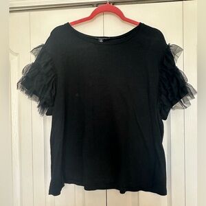 Anthropologie Lea & Viola Black Short Sleeve Top with Ruffle Sleeve Detail